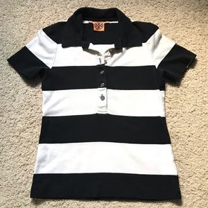 Tory Burch Black & White Striped Polo Shirt - L